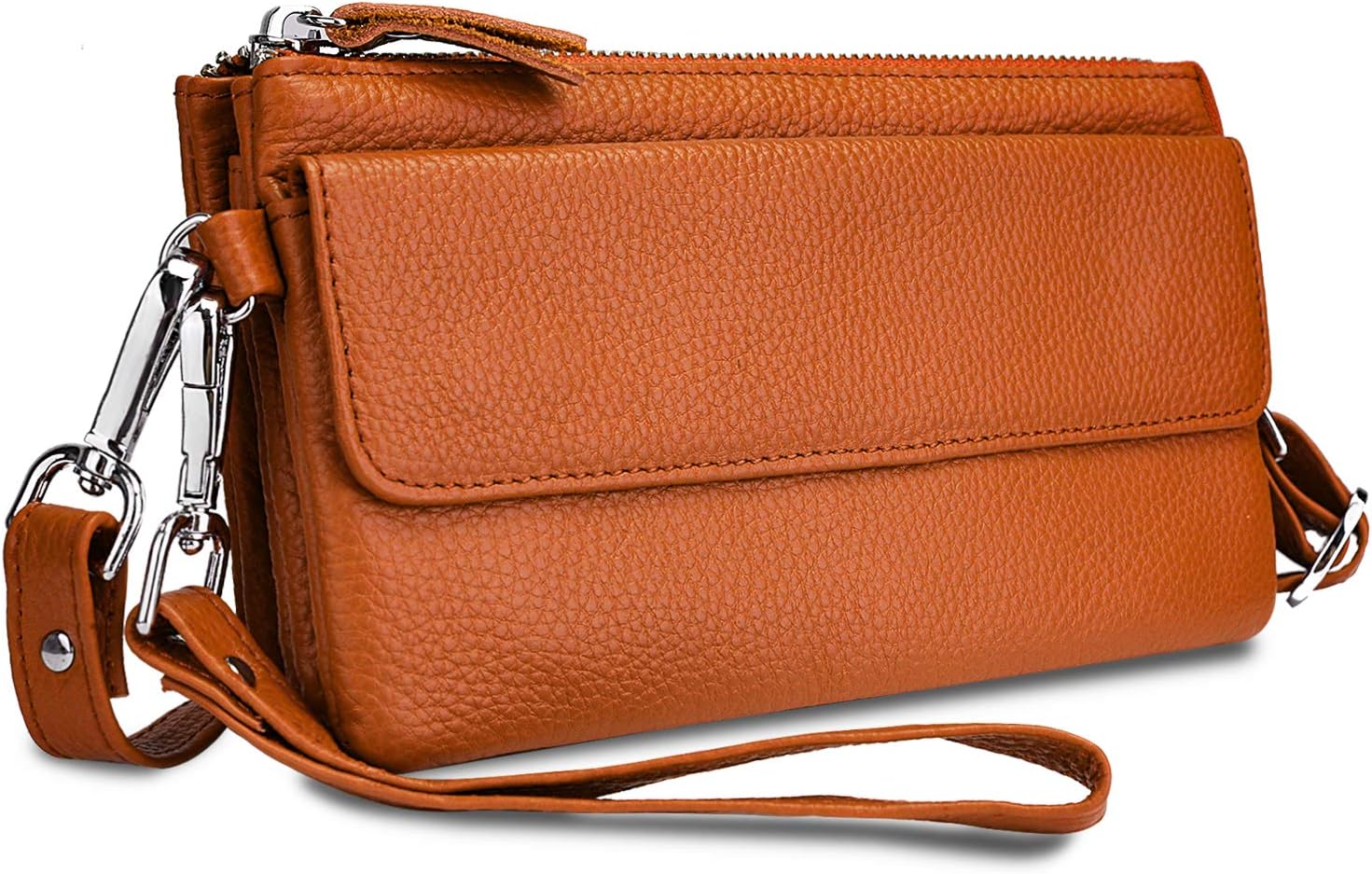 Women's Leather Wristlet Phone Purse Crossbody Clutch Wallet 8 Card Slots RFID Blocking Zipper Coin Pocket Removable Shoulder Strap Orange