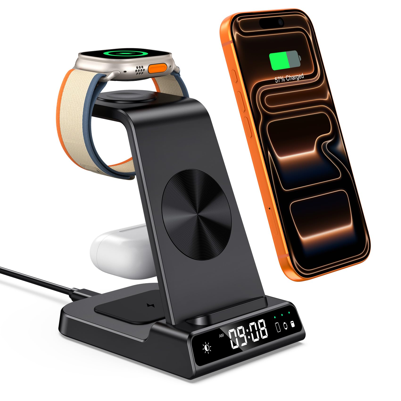 leChivée Wireless Charger for iPhone 17/Air/16/15/14/13/12 Series, 3 in 1 Charging Station for Apple Watch Ultra 3/Ultra 2/SE 3/11/10/9/8/7/6, Air Pods 4 (with Clock)