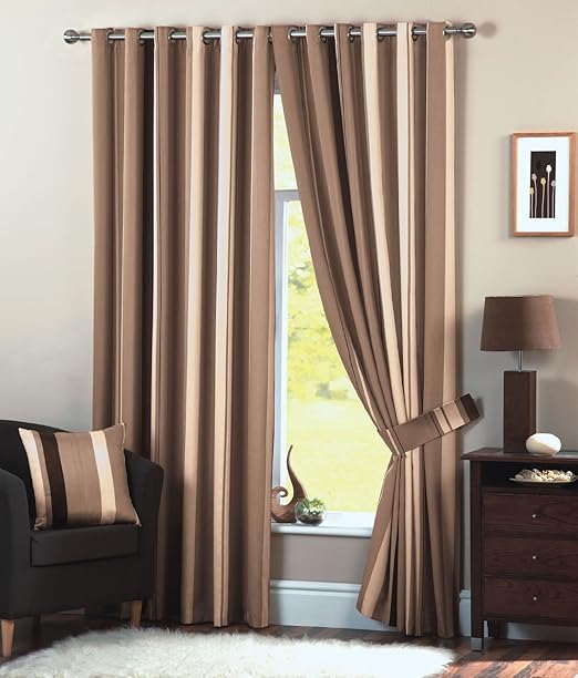 Churchill Natural, Brown, Beige, Cream Curtains Stripe, Lined
