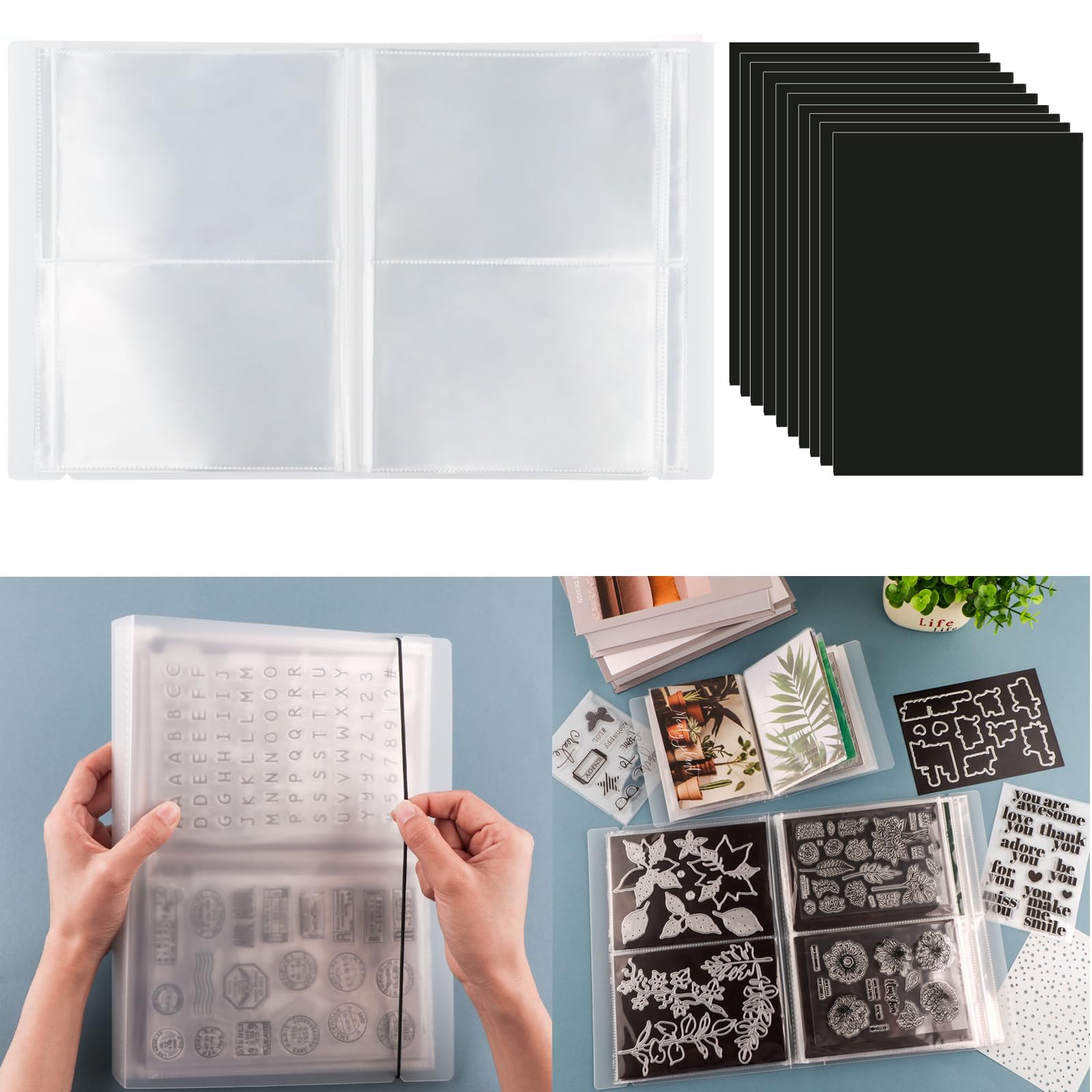 Photo 1 of 10 Pcs 0.3mm Magnet Sheets and 80 pockets/20 pages Storage Album for Stamp and Cutting Dies Storage Book Organizer Folder for Storage Die Cutting, DIY Scrapbooking Card Making Supplies (Clear)