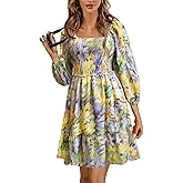 ELIGNTLOFT 2025 Women Summer Floral Print 3/4 Puff Sleeve Square Neck Dresses A-Line Casual Swing Mini Dress