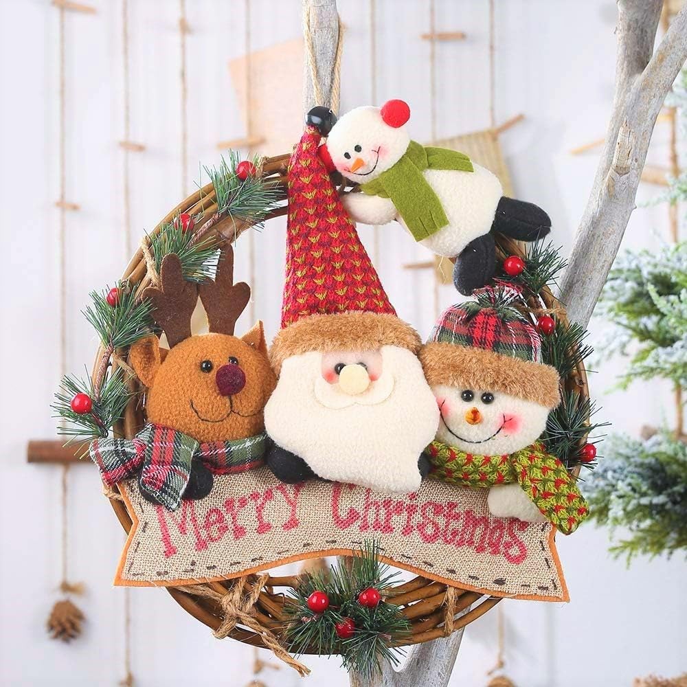 LATERN Christmas Wreath, 30CM Rattan Pine Leaves Red Berries Wreath with Elk Santa Snowman Plush Dolls for Xmas Decoration