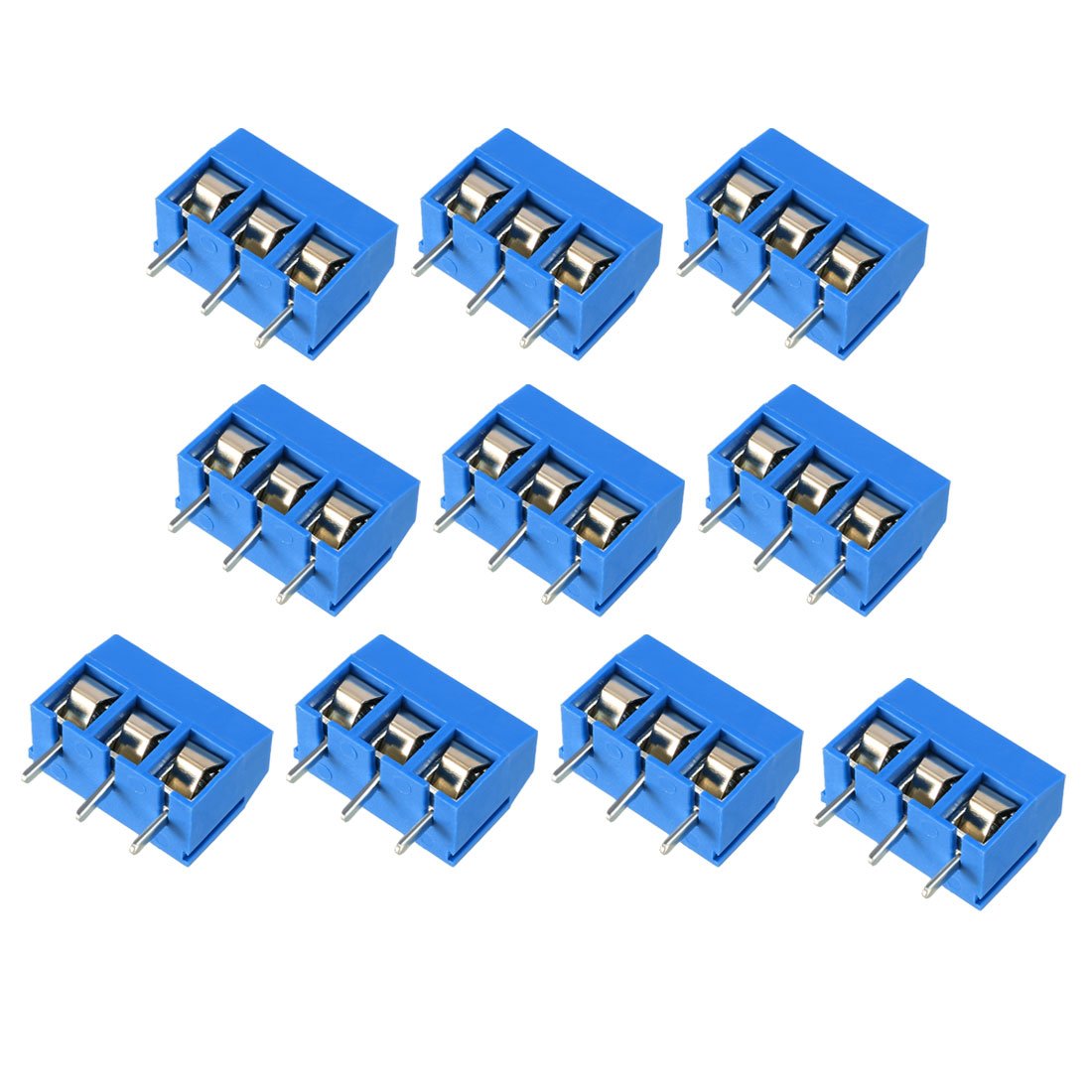 sourcing map 10Pcs AC300V 10A 5mm Pitch 3P Flat Angle Needle Seat Insert-in PCB Terminal Block Connector Bule