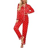 Ekouaer Women's Classic Button Down Long Satin Silk Pajama Set,X-Large,Red Heart
