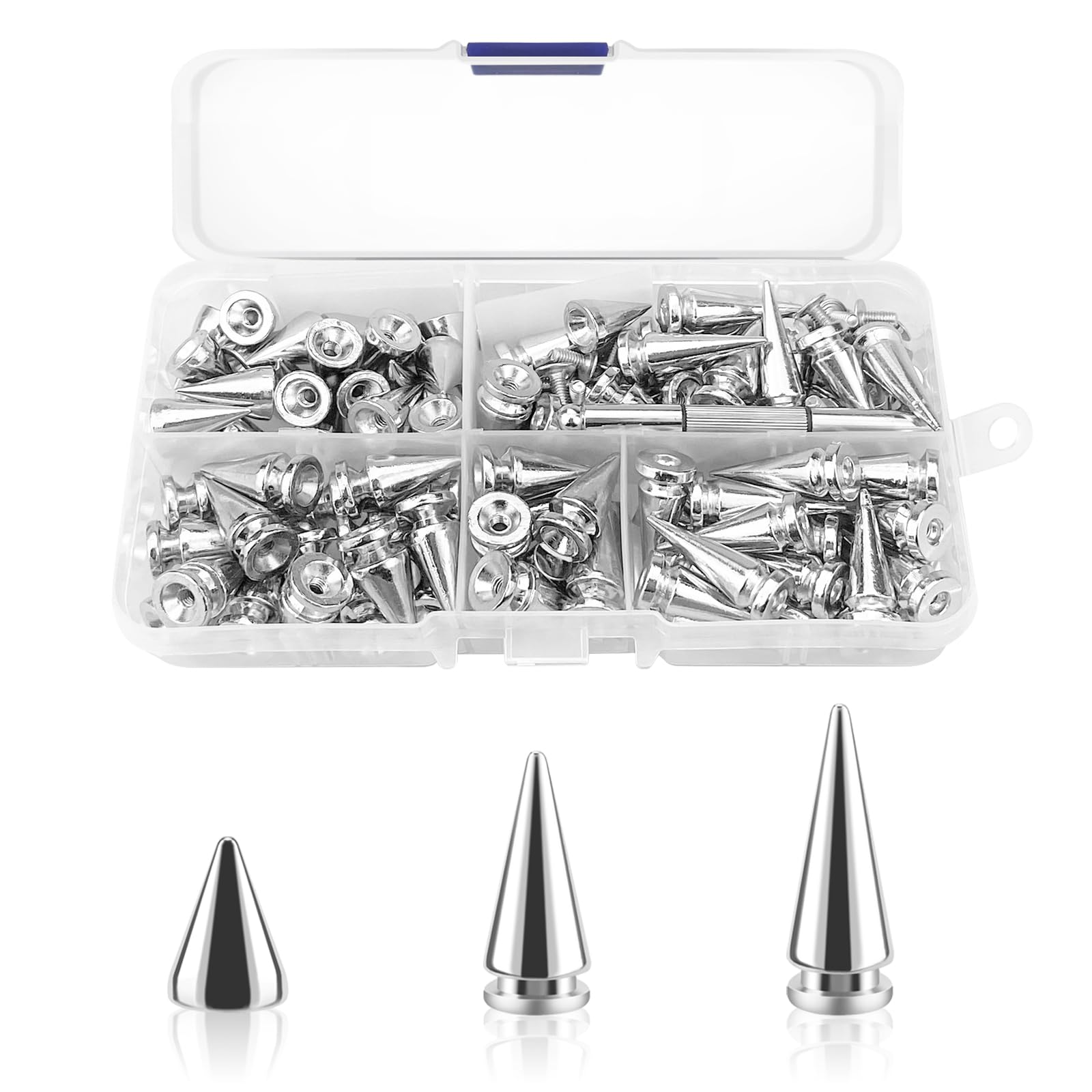 80pcs Spikes Studs 10mm Metal Cone Spikes Rivet, Punk Rock Screw Back Studs for DIY Bags Clothing Leather Craft, with Screwdriver (Silver, 3 Size) — image 1