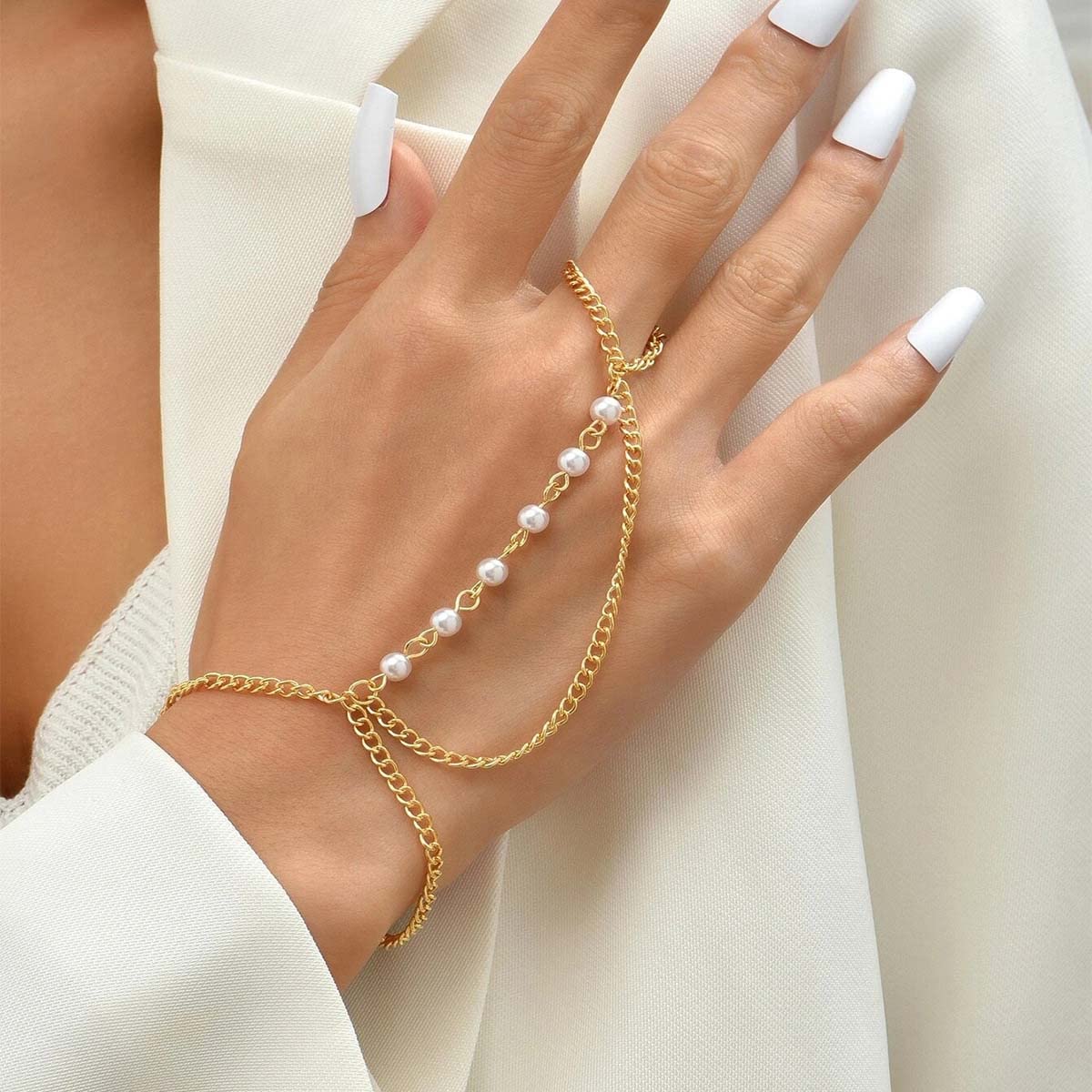 Carufin Pearl Chain Link Ring Bracelets Gold Splicing Hand Harness Bangle Finger Rings Hand Accessories for Women and Girls