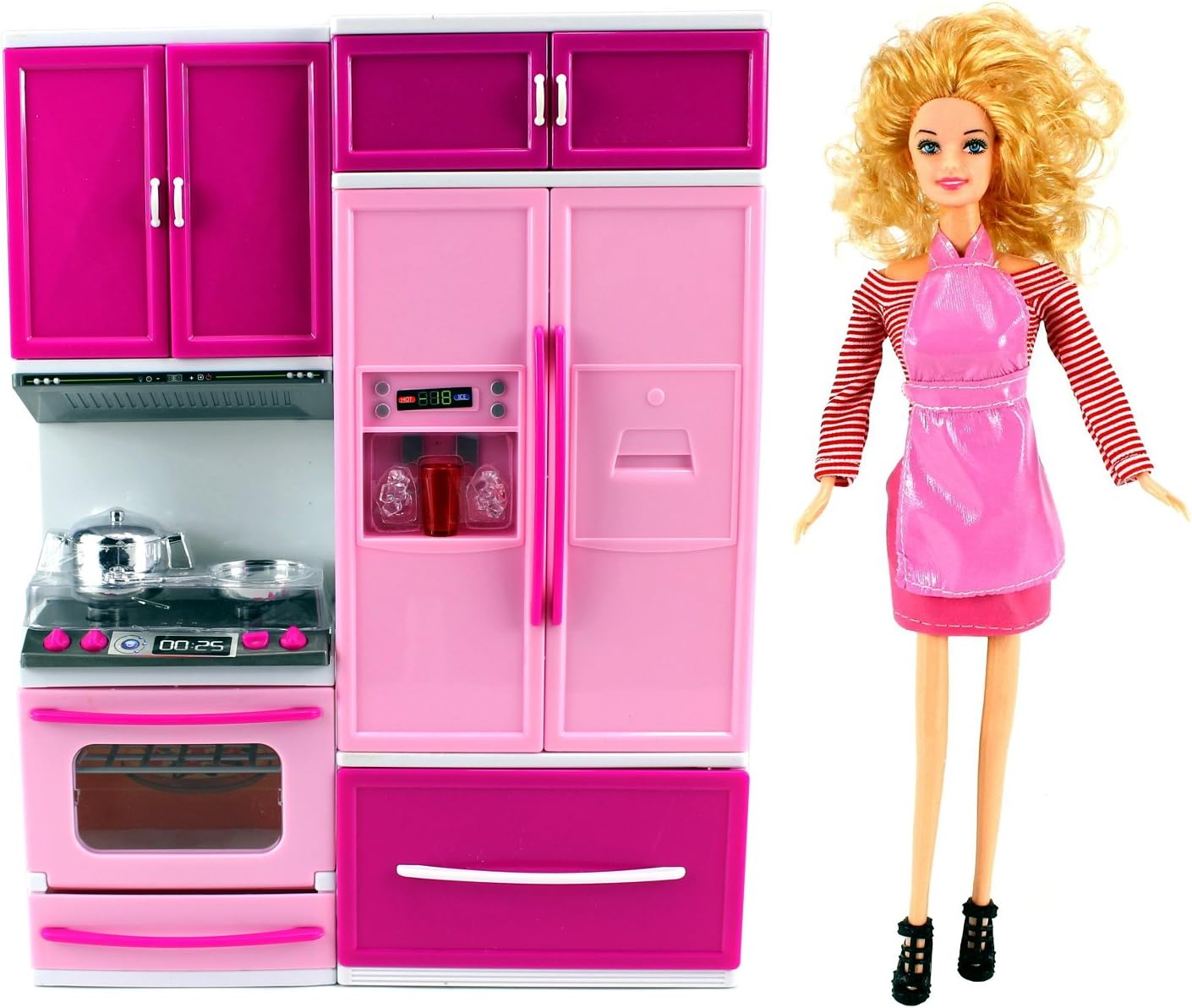 My Happy Kitchen Stove & Refrigerator Battery Operated Toy Doll Kitchen Playset w/ Toy Doll, Lights, Sounds, Perfect for Use with 11-12" Tall Dolls