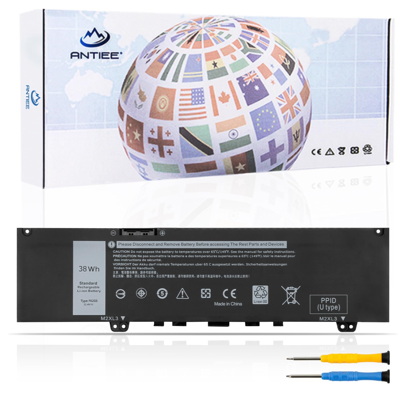 ANTIEE 38Wh 3-Cell F62G0 Laptop Battery Compatible with Dell Inspiron 13 7000 7370 7380 7386 5370 7373 2-in-1 P83G Vostro 5370 D1525S Series 39DY5 039DY5 F62GO RPJC3 0RPJC3 11.4V 3166mAh