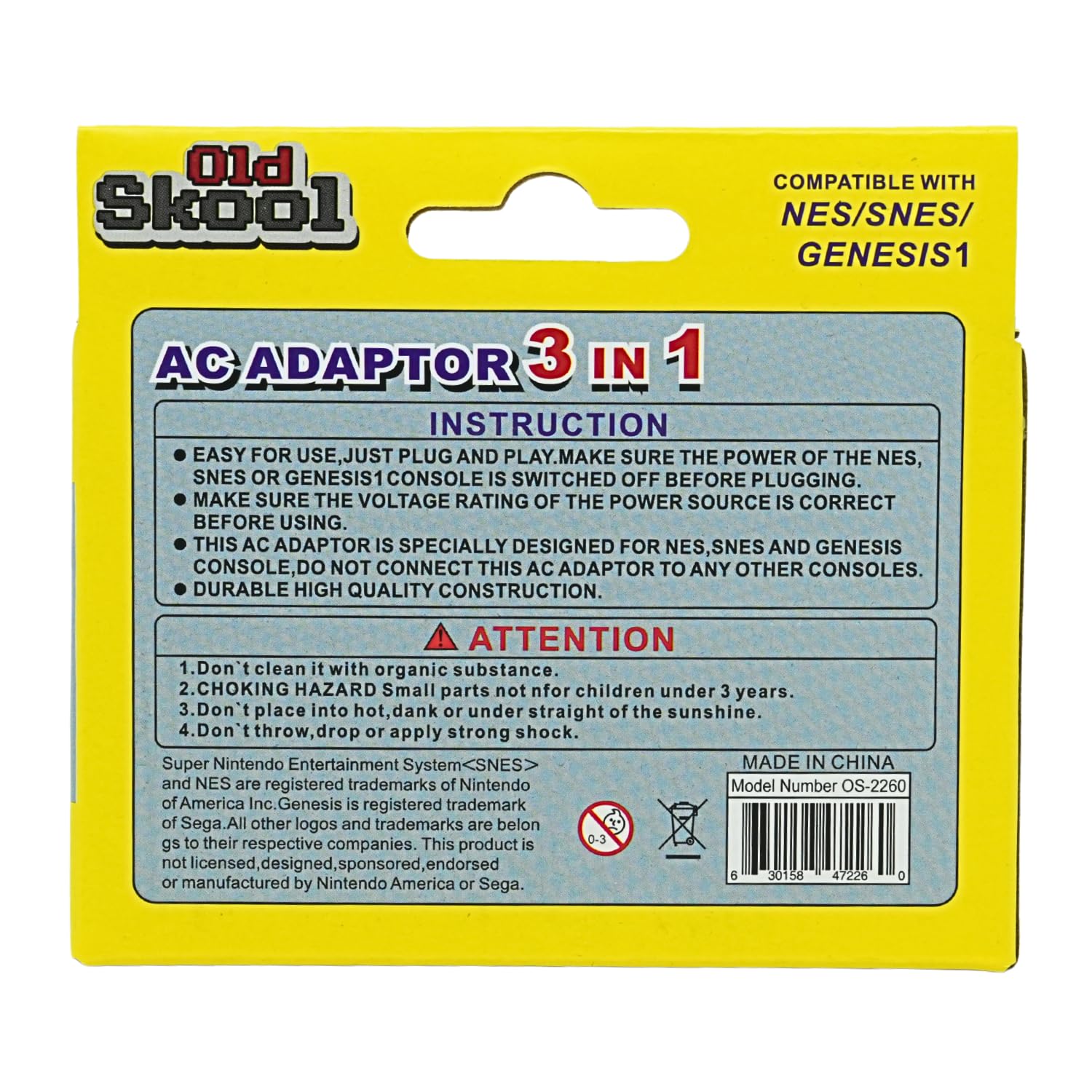 Old Skool 3 in 1 AC Adapter NES/SNES/GENESIS1 Power Supply