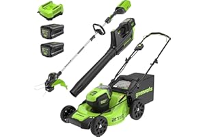 Greenworks 80V 21” Brushless (Push) Cordless Electric Lawn Mower + (500 CFM) Axial Leaf Blower + 13” String Trimmer (75+ Compatible Tools), (2) 2.0Ah Batteries and 30 Minute Rapid Charger