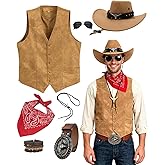 minkasic 7pcs Cowboy Costume Outfit for Men Western Cowboy Clothes Vest Accessories for Cowboy Party