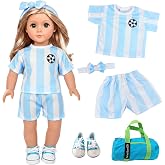 18 Inch American Doll Clothes, 6 Pcs Football Girl Doll Accessories Includes 1 Headband 1 Tops 1 Shorts 1 Shoes 1 Bag for American 18 inch Girl Dolls Outfits Birthday Gift