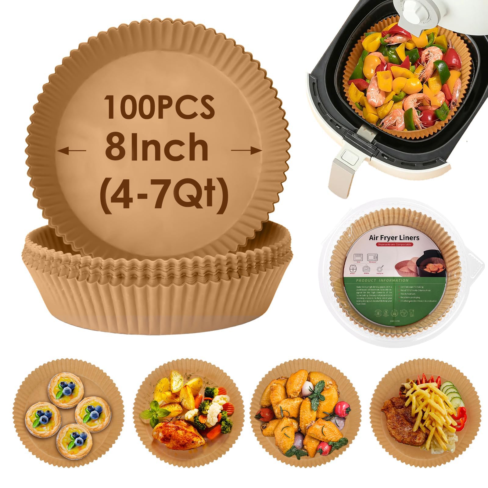 Photo 1 of 100Pcs Air Fryer Disposable Paper Liner, Non-stick Air Fryer Airfryer Parchment Paper Liners Round, Grease Proof Bakery Baking Paper for Air fryer Basket Roasting, Oil-proof, Food Grade (8 Inch)