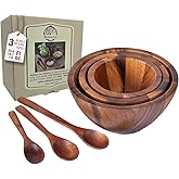 BestySuperStore Tiny Nesting Round Wood Bowls Mix Size 4", 5", 6" Stackable Acacia Wooden Bowl Set with 3 spoons for serving salad dip sauce snack rice pasta cereal Decor Tableware Nested Dish Sets