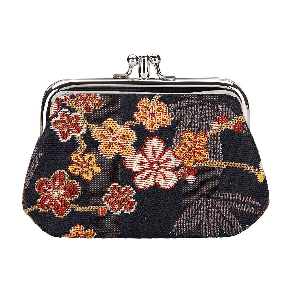 Signare Tapestry Cute Exquisite Double Pocket Kiss Lock Coin Purse for Women with William Morris Design (Ume Sakura)