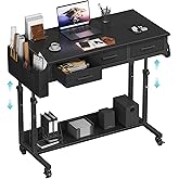 Rolling Standing Desk Adjustable Height with Drawers, 40 Inch Mobile Stand Up Portable Teacher Desks on Wheels for Classroom, Couch Sofa Side Laptop Table with Storage for Bedroom Home Office, Black