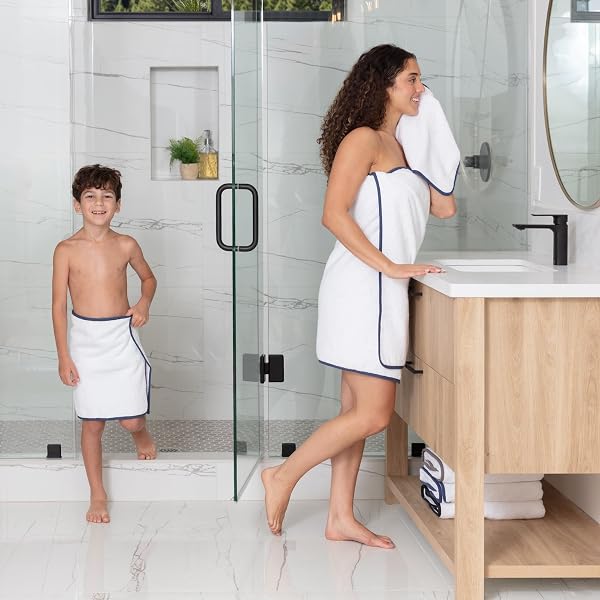 MACOUBA BATH TOWELS FOR BATHROOM BATH TOWEL SET – WHITE TOWELS WITH BLUE TRIM – LUXURY SET OF 6 – BATHROOM TOWELS SET, WHITE NAVY BLUE TOWELS – 2 WHITE BATH TOWELS, 2 HAND 2 FACE