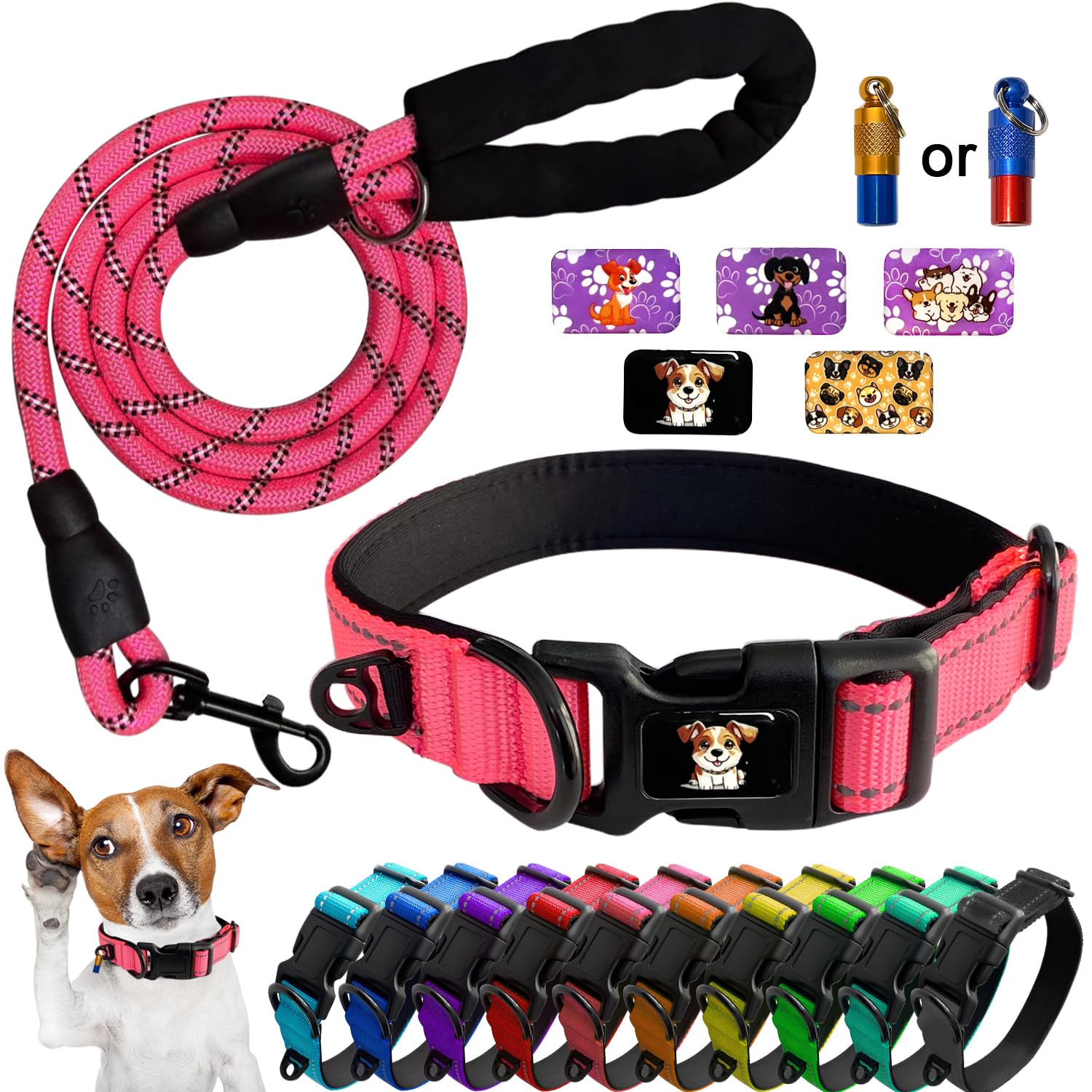Mauts Pet Dog Collars and Lead Set for Large Medium Small Dogs. (3 Pcs) (Pink, Large)