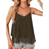 LYANER Women's Chiffon Lace Trim Sexy Cami Shirts | Lace Trim V Neck Spaghetti Strap Sleeveless Flowy Cute Beach Vacation Tops