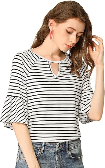 Amazon Allegra K ボーダー Tシャツ ストライプシャツ トップス 横縞 チョーカー ベルスリーブ 半袖 レディース Tシャツ カットソー 通販