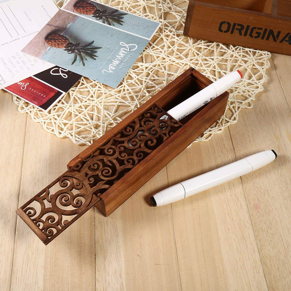 Tissting Wooden Pencil Case, Vintage Solid Wood Desk Organiser with Hollow Design 19.2x5.5x4cm Storage Box for Pens Office Supplies Student School Stationery Gift