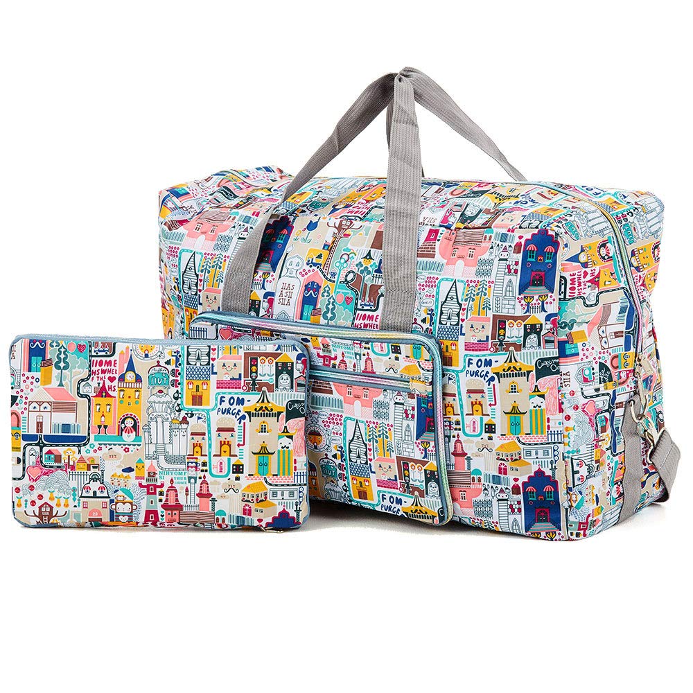 Arxus Large Foldable Duffel Tote Carry on Weekend Overnight Travel Bag Over Luggage with Shoulder Strap (Castles)
