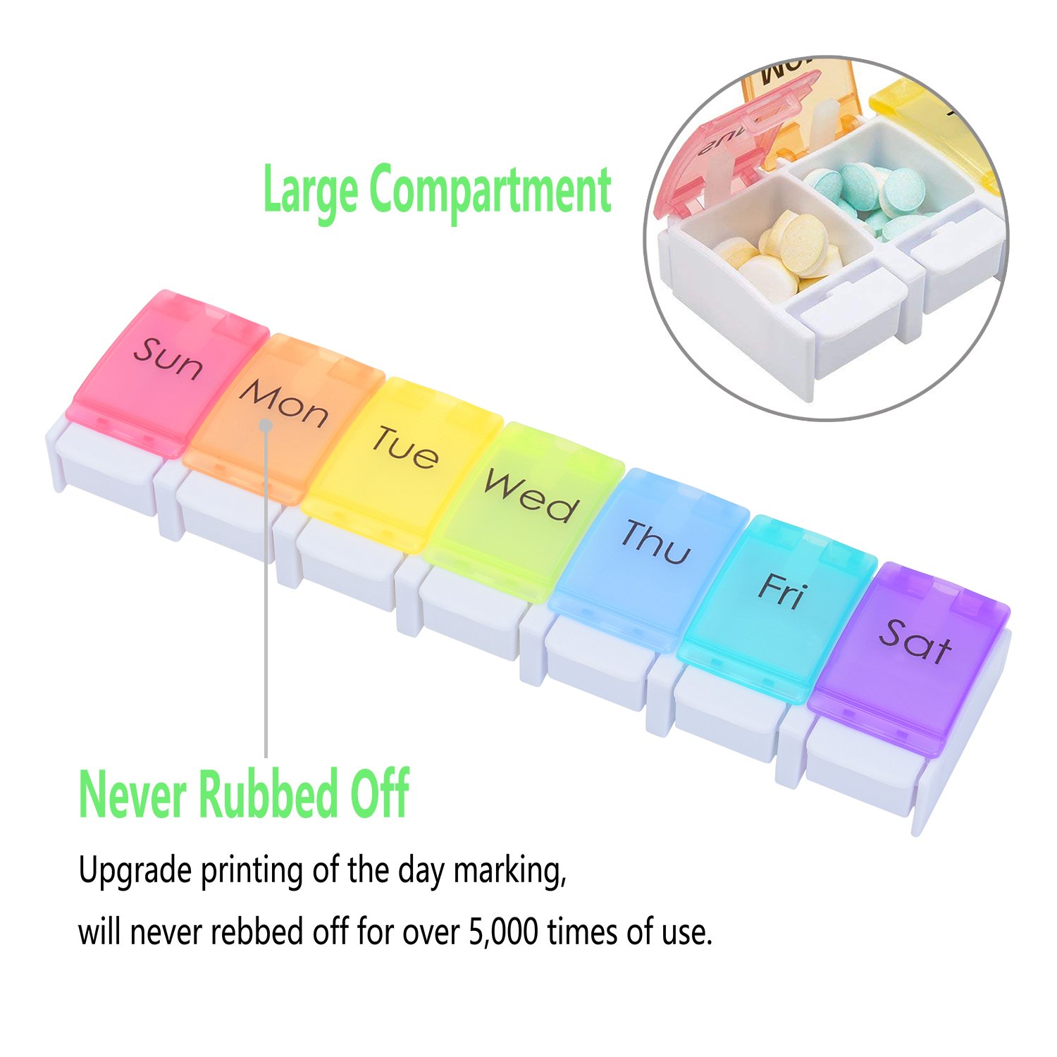 Pill Organizer, CHC Weekly Pill Planner Portable Travel Pill Container with Spring Assisted Open Large Compartments to Vitamins, Fish Oil, Supplements, Rainbow