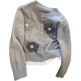 WDIRARA Women's Floral Button Down Cardigan Sweaters Crew Neck Long Sleeve Knit Outerwear