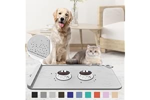 ZIRWTI Pet Feeding Mat, Dog Food Mat, 28''x20'' Silicone Pet Feeding Mats with Residue Collection Pocket, Waterproof Dog Cat Bowl Mats for Food and Water with Edge and Hook, Tray for Dog Bowls, Gray