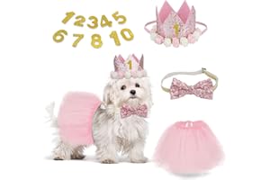 CIEHER Dog Birthday Party Supplies, Dog Birthday Hat + Bow Tie + Pink Tutu Skirt Dog Party Decorations, Dog Birthday Hat with Numbers Cat Dog Puppy Birthday Bandana Scarf Hat Bow Set (Pink)