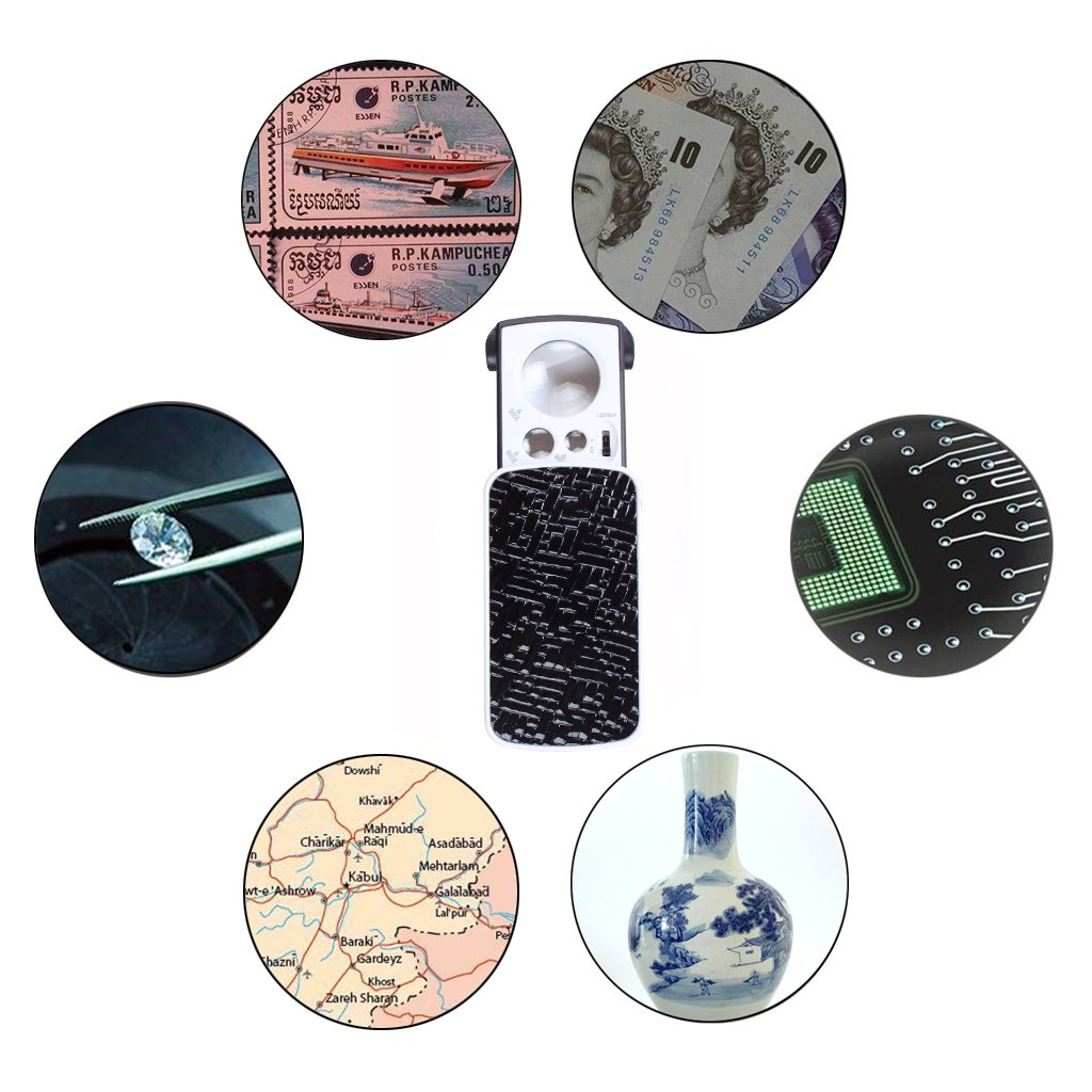 Ewinever Pocket Magnifying Glass, 30X 60X 90X LED Lighted Slide out Portable Loupe Magnifier with UV Black Light,Best for Jewelry, Diamonds, Gems, Coins, Stamps, Rocks( Black)