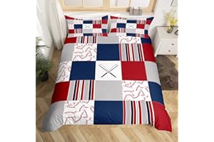 CASTLE FAIRY Baseball Printed Duvet Cover Queen for Boys Girls Kids Red Navy Grid Striped Bedding Set Ball Games Comforter Cover Child Modern Sports Style Decor Bedspread Quilt Cover for Kids Dorm Room,Soft,Zipper