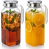 2-Pack 1 Gallon Glass Pitcher with Lid & Spout, Borosilicate Carafe for Hot/Cold Drinks, Large Iced Tea Water Jug with Handle, Fridge Safe & Dishwasher Safe