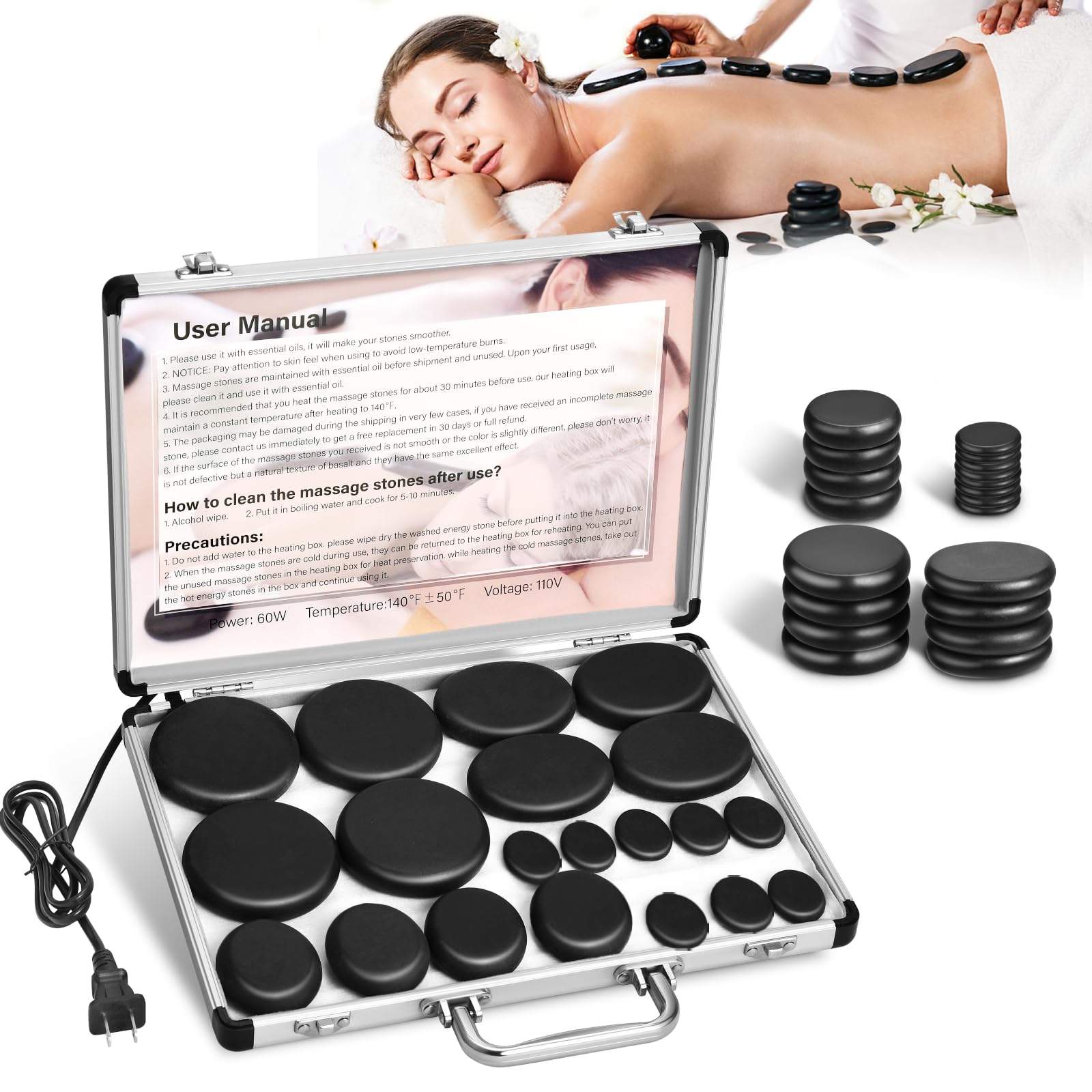 Granpay 20 Hot Stones for Massage with Warmer, Hot