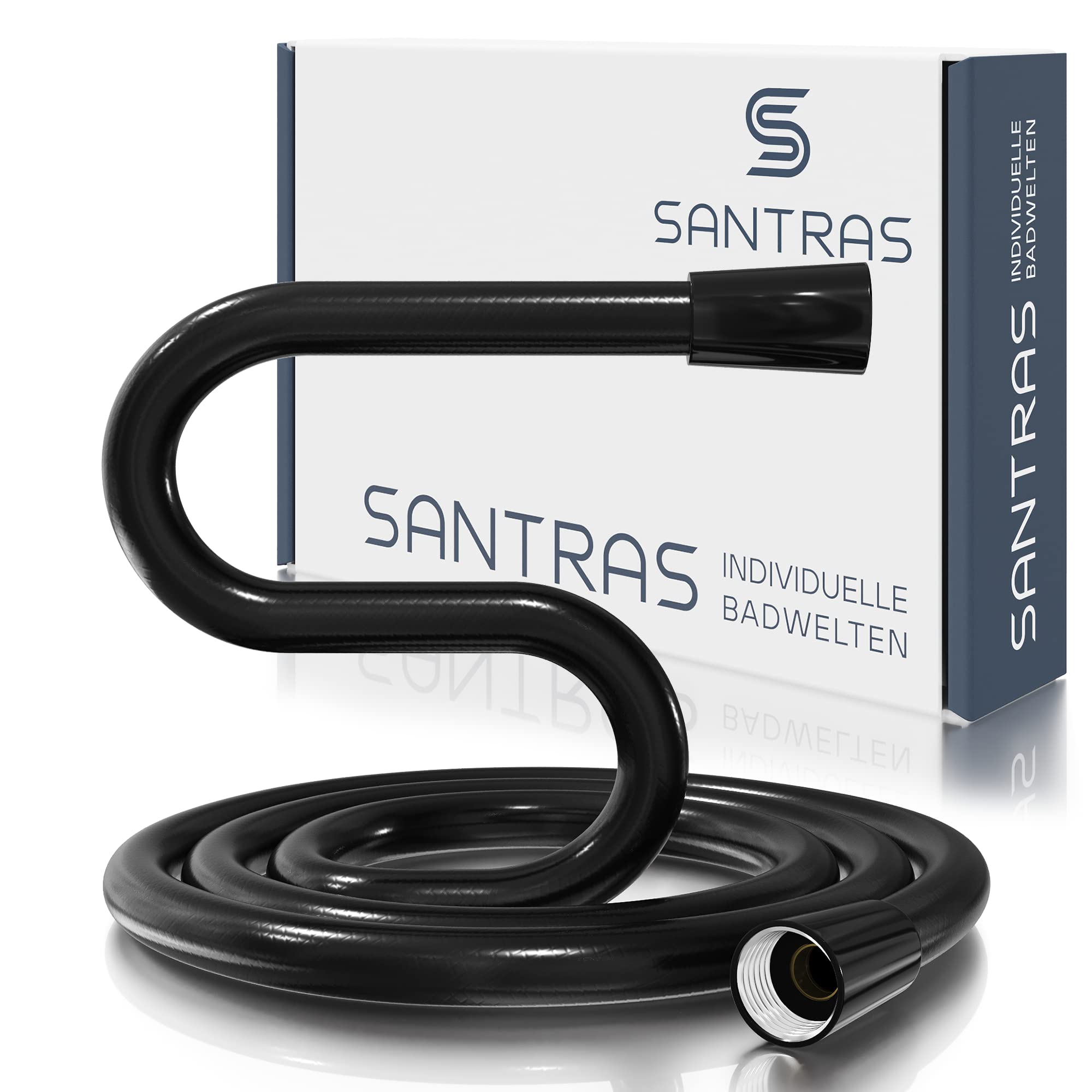 SANTRAS® Plastic Shower Hose Deluxe 1.50 m Long with Flow Limiter in Black - Particularly Flexible Shower Hose Made of Stainless Steel Made in Germany