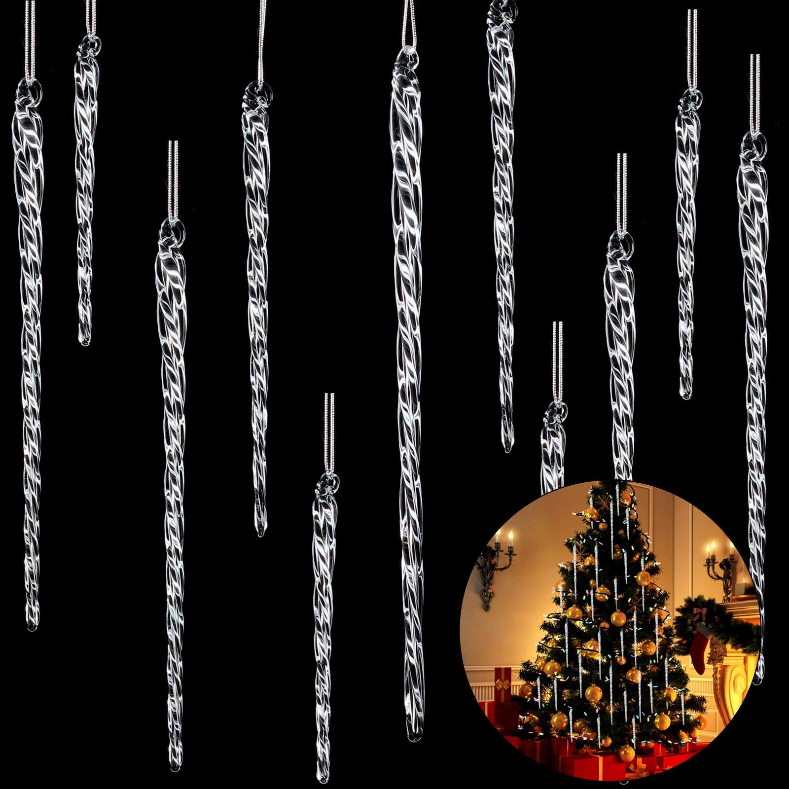 Glass Icicle 3.5-7.8 Inch Clear Twisted Glass Icicle Christmas Ornaments Icicle Decorations Hanging (25)