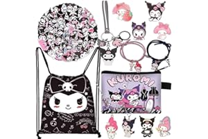EMISOO Kuromi and My Melody Gift Set, Cartoon Merch Drawstring Bag, Keychain, Purse Bag, 50Pcs Sticker, Acrylic Brooches...
