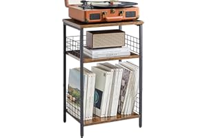 YMYNY 3 Tier Record Player Stand, CD Storage Racks, Record Organizer Up to 100 Albums, Mid-Century Record Player Holder Display Shelf, for Living Room, Bedroom, Office, Rustic Brown, 24.6H, UHST009H