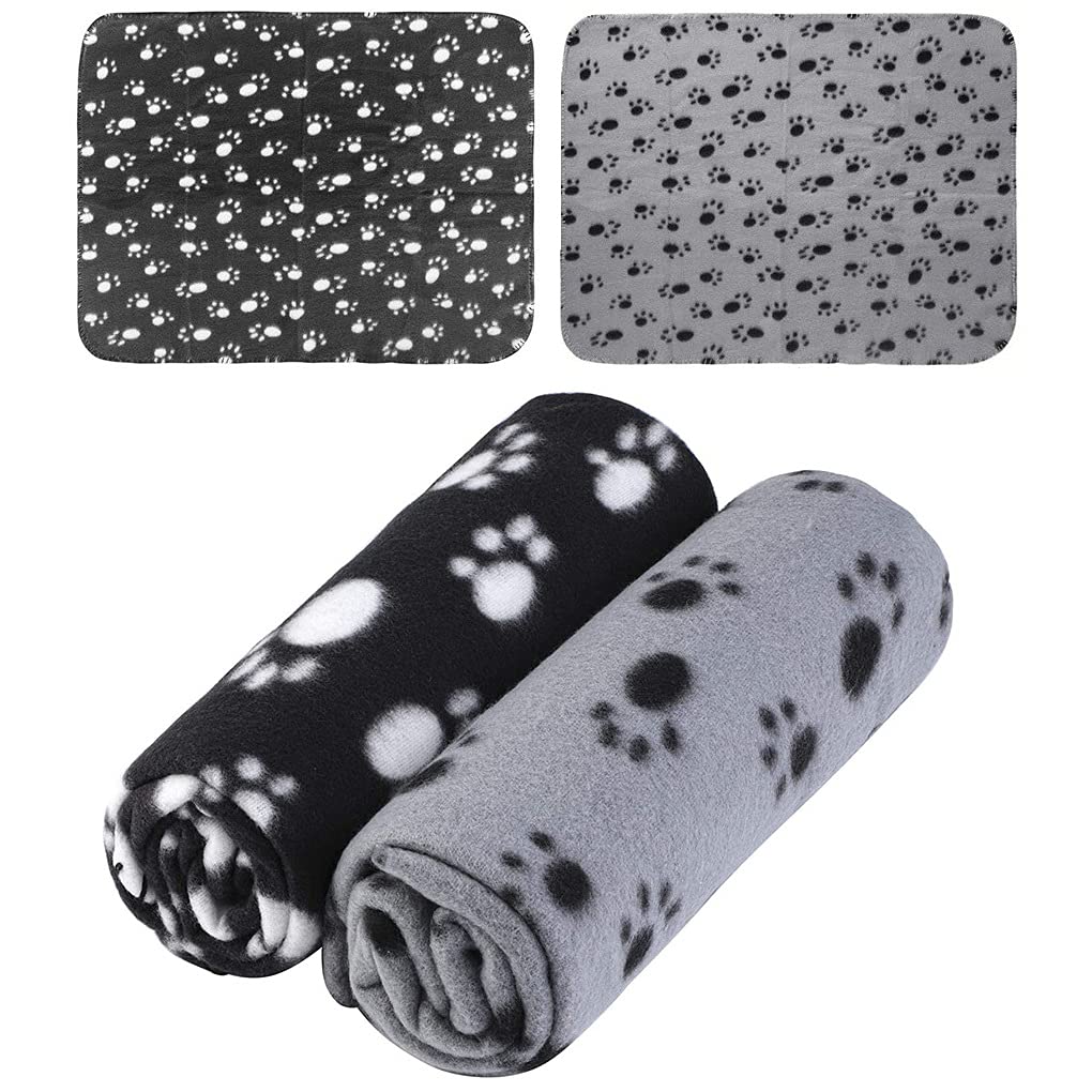 Voarge 2 Pcs Pet Blankets Dog Cat Bunny Small Animals Blanket Comfortable Warm Sleep Mat With Paw Print, for Beds, Floors, Cars, Black, 70 x 100cm