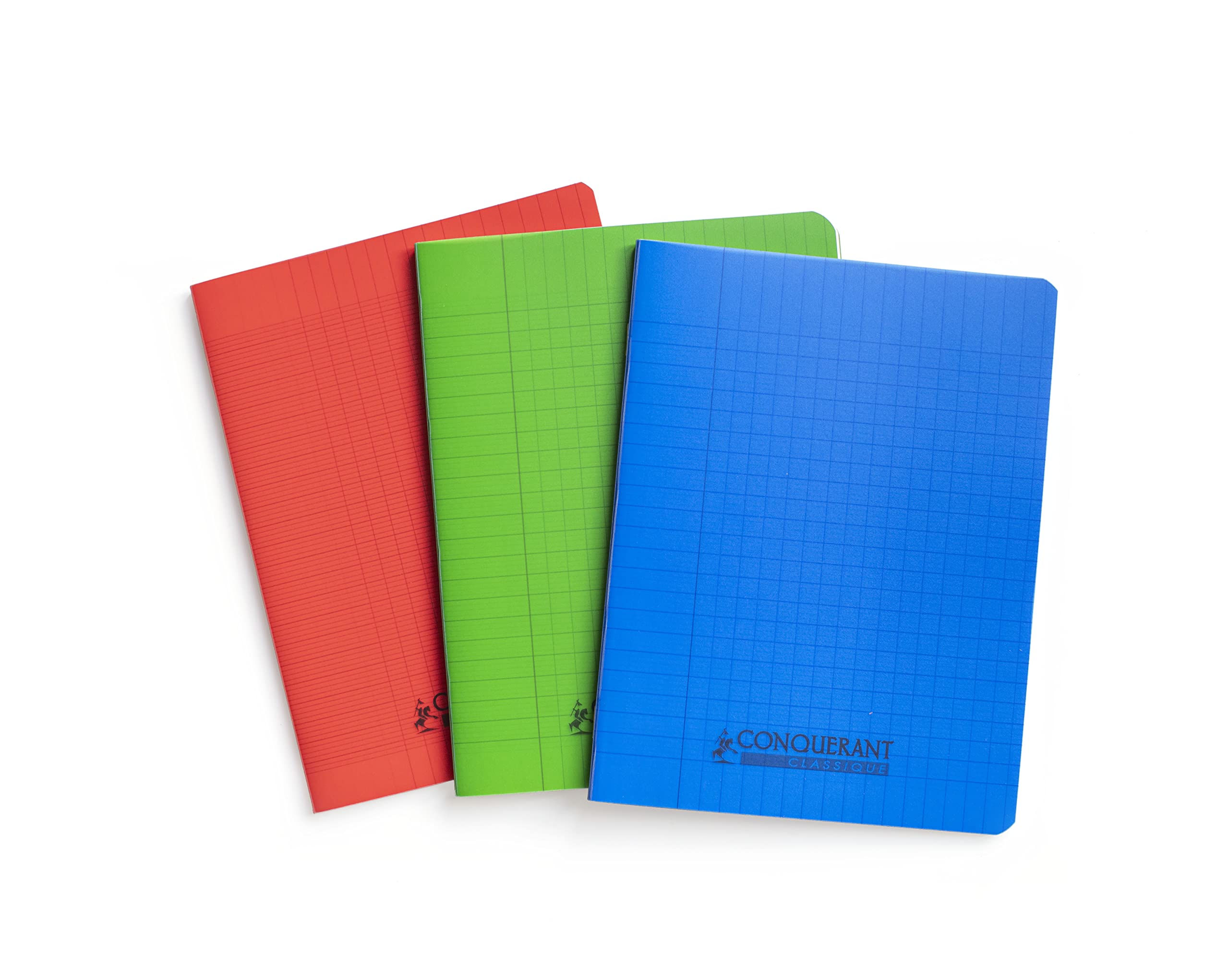 Conquérant Seyes Set of 3 Notebooks 17 x 22-96 Pages 90 g Polypropylene Cover (Assorted Colours) - Red, Blue, Green