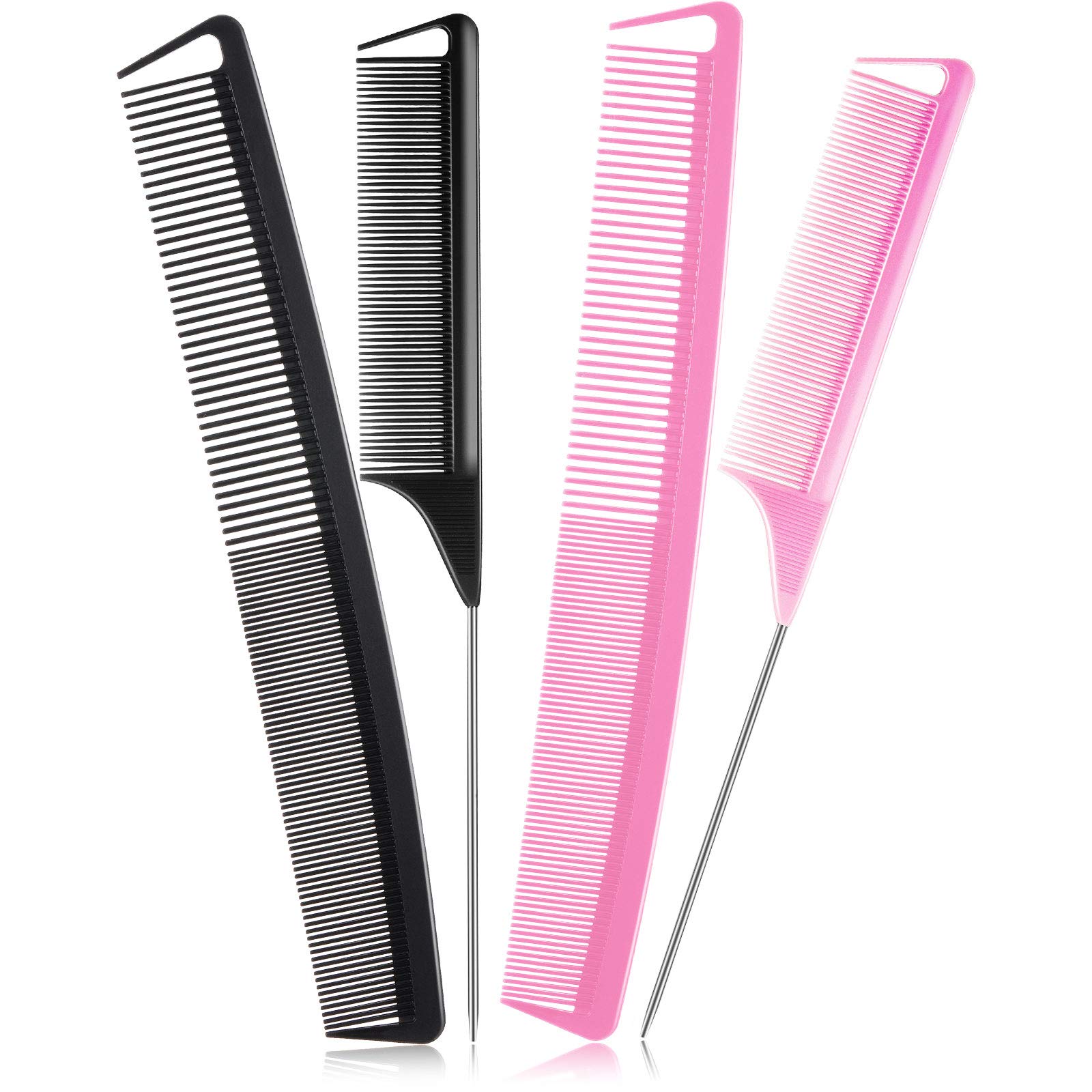 Patelai 4 Pieces Carbon Fiber Parting Rat Tail Comb Cutting Set, Includes Stainless Steel Pintail Teasing Comb, Fine and Wide Tooth Heat Resistant Hairdressing for Braids Hair Salon Home