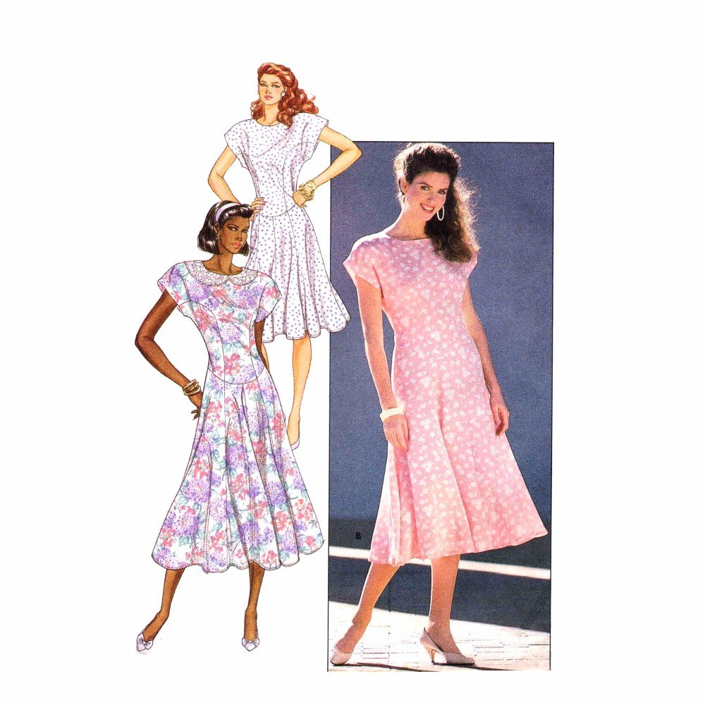 1980s Misses Dropped Waist Dress Butterick 6198 Vintage Sewing Pattern Size 14 16