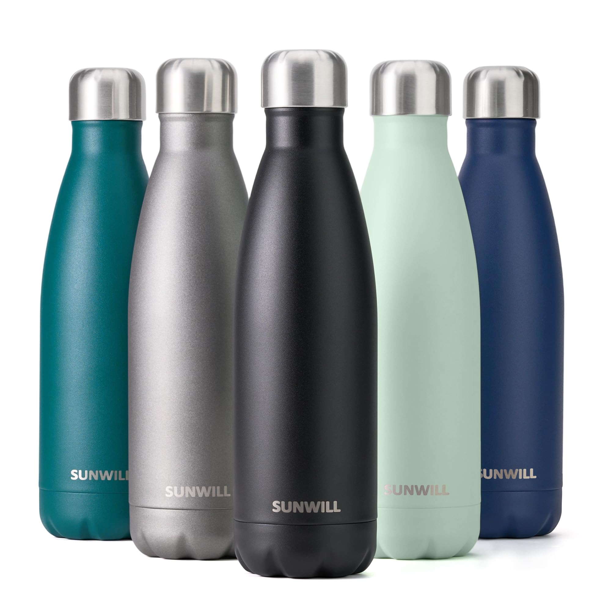 SUNWILL Insulated Water Bottle Metal, 500ml Stainless Steel Reusable Thermal Flask for Cold and Hot Drink, Travel, Sports, Gym, Powder Coated Black