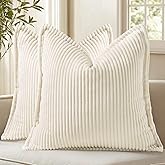 decorUhome Spring Corduroy Cream White Throw Pillow Covers 18x18 Set of 2 Decorative Soft Boho Farmhouse Couch Pillow Covers for Living Room Bed Sofa Broadside Striped Pillow Cases