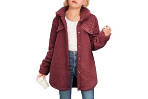Haloumoning Girls Fuzzy Fleece Jacket Casual Button Down Sherpa Overcoat Faux Fur Jackets Outwear 4-15 Years