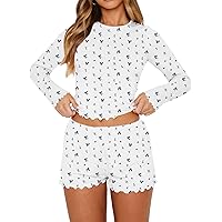 Lacozy Cute Pajama Sets for Women 2 Piece Floral Print Fall Pj Set Woman Long Sleeve Crop Top and Short Y2K Sleep Set