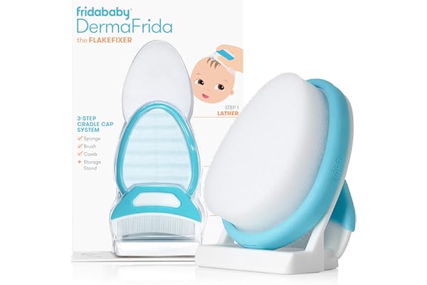 Frida Baby The 3-Step Cradle Cap System, DermaFrida The FlakeFixer, Sponge, Brush, Comb and Storage Stand for Babies with Cradle Cap, White-Blue
