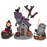 Dusk&amp;Decorum 3-Piece Halloween Shelf Decor Set &ndash; Resin Haunted House, Witch &amp; RIP Tombstone Halloween Figurines, Spooky Tabletop Decorations, Halloween Village Houses Accessories
