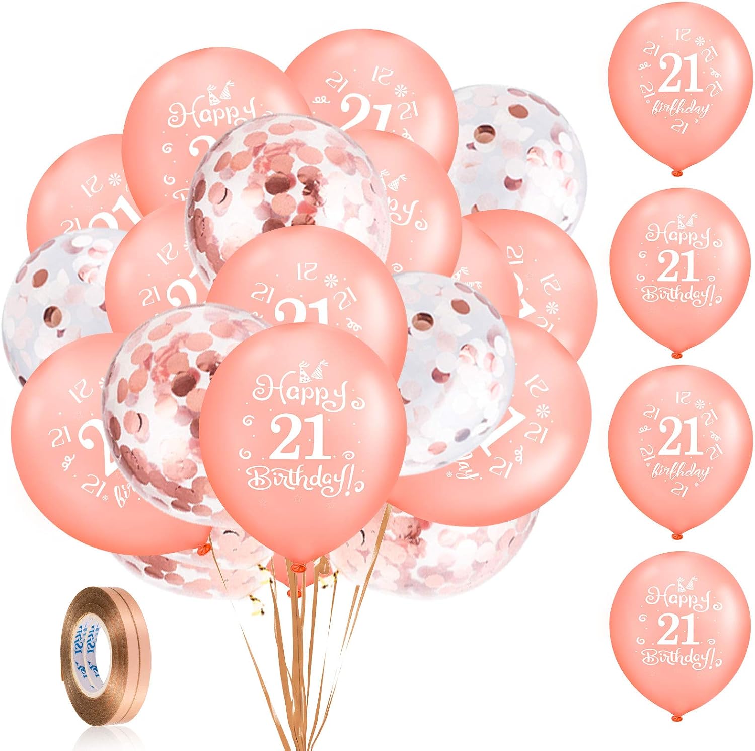Whaline 21st Birthday Balloons Set 24pcs Rose Gold Latex Balloon Confetti Balloon with 2 Ribbons Birthday Party Balloons for Women Men Happy 21st Birthday Party Decoration Supplies