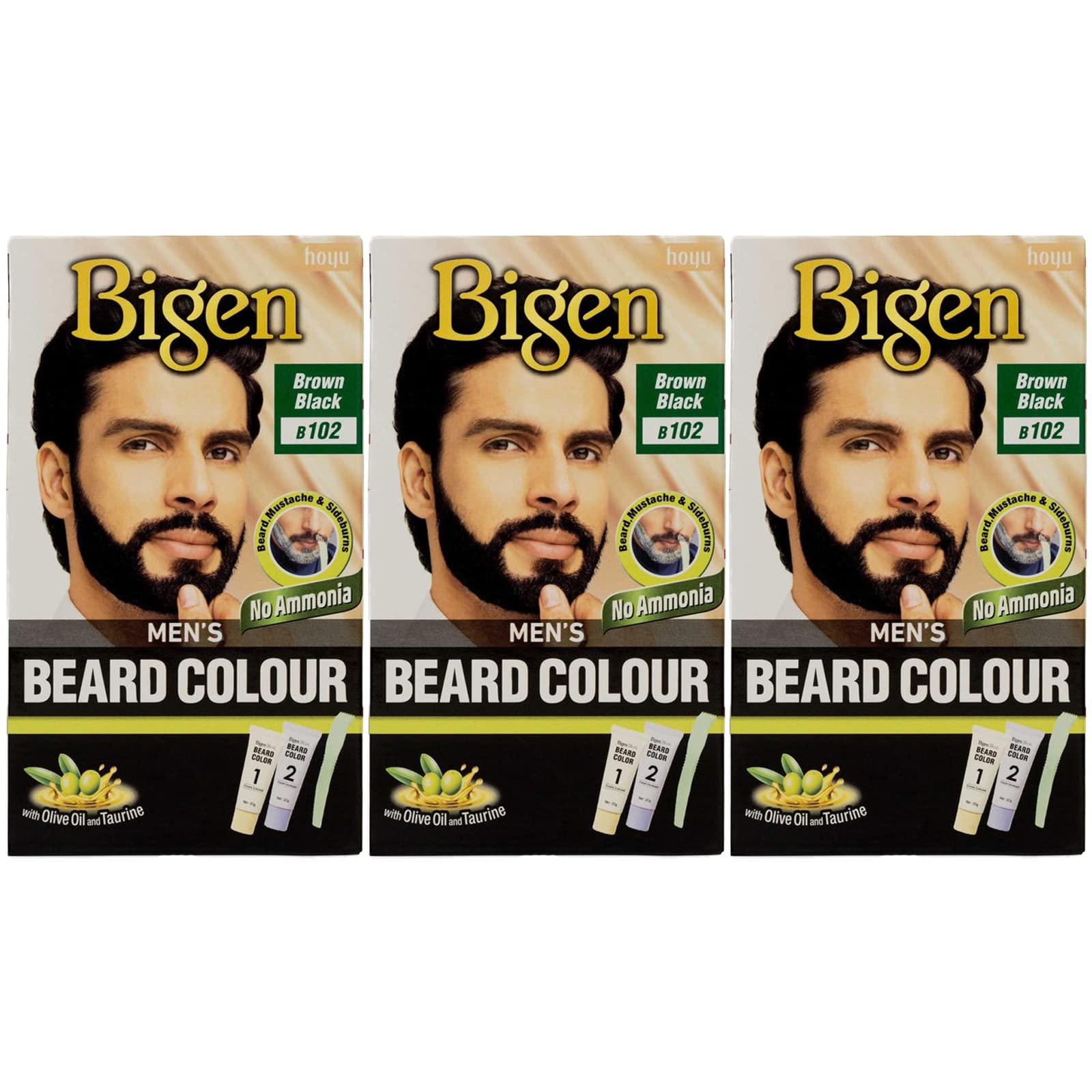 3 x Bigen Men's Beard Colour | No Ammonia Formula with Aloe Extract & Olive Oil | Covers Gray Hair, Leaves No Stains, Long-Lasting Results | 102 Brown Black
